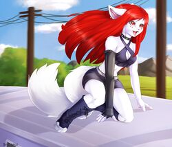  anthro arm_warmers armwear boots chessi clothed clothing collar ear_piercing fangs felid female footwear fur hair mammal open_mouth outside piercing red_hair seelena_zorn_(iskra) smile solo teeth tongue train vehicle white_body white_fur 