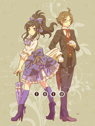  1boy ahoge alternate_costume ascot belt blue_eyes bow bowtie brown_eyes brown_hair butler closed_umbrella commentary_request dress female formal frilled_dress frills hair_ribbon high_heels high_ponytail hilbert_(pokemon) hilda_(pokemon) long_hair looking_at_viewer michaelovten monocle planted planted_umbrella pokemon pokemon_bw purple_legwear ribbon short_hair smile suit umbrella 