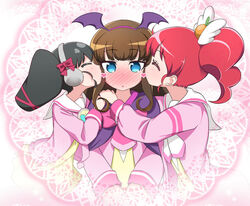  3girls :o bat_wings black_hair blue_eyes blunt_bangs blush brown_hair closed_eyes commentary_request doily dot_nose food-themed_hair_ornament gaaruru_(pripara) girl_sandwich hair_ornament hair_ribbon hair_strand hairband hand_on_another&#039;s_shoulder headphones heart kissing kissing_cheek kurosu_aroma lace_background long_hair long_sleeves looking_at_viewer medium_hair multiple_girls nape nekono_matatabi nose_blush orange_hair_ornament pink_background pink_hairband pink_shirt pink_theme ponytail pretty_series pripara red_hair red_ribbon ribbon sailor_collar sandwiched shiratama_mikan shirt sidelocks upper_body white_sailor_collar winged_hair_ornament winged_hairband wings yuri 