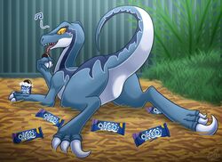  ass barefoot bars blue_(jurassic_world) cage claws cookie dinosaur dromaeosaurid eating extinct eyelashes feet female feral food happy hind_legs jurassic_park jurassic_world licking looking_down lying messy musical_note nude on_front open_mouth oreo_cookie prehistoric_species prisoner raised_tail raptor_claws reptile scalie sharp_teeth smile solo spread_legs spreading tail teeth theropod toe_claws tongue tongue_out universal_studios vavacung velociraptor yellow_eyes 