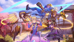  akiyama_mio bodysuit cosplay d.va gun headphones hirasawa_yui k-on! kotobuki_tsumugi mercy_(overwatch) nakano_azusa overwatch pharah steamy_tomato tainaka_ritsu tracer weapon widowmaker wings 