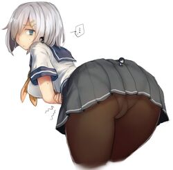  ass black_pantyhose blue_eyes breasts commentary fairy_(kancolle) female giant giantess grey_hair hair_ornament hair_over_one_eye hairclip hamakaze_(kancolle) kantai_collection large_breasts neckerchief panties panties_under_pantyhose pantyhose pleated_skirt school_uniform serafuku short_hair short_sleeves skirt stomach_ache stomach_growling underwear utopia white_hair yellow_neckerchief 