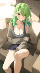  absurdres arm_under_breasts bare_legs bare_shoulders blush braid braided_bangs breasts brown_jacket ceres_fauna cleavage couch female flower gradient_hair green_hair grey_shorts grey_tank_top hair_flower hair_ornament hair_over_one_eye highres holding_own_arm hololive hololive_english horns jacket large_breasts long_hair looking_at_viewer loungewear mole mole_under_eye multicolored_hair off_shoulder one_side_up parted_lips short_shorts shorts sitting sleeves_past_wrists solo tank_top tree_horns two-tone_hair virtual_youtuber white_flower yellow_eyes yidh_79 