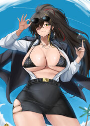  absurdres adjusting_eyewear azur_lane belt bikini bird black_belt black_bikini black_hair black_jacket black_skirt blonde_hair blue_sky blush breasts card chick cleavage closed_mouth cloud collarbone commentary_request contrail cowboy_shot credit_card crossed_bangs day earrings eyewear_on_head female glint hair_between_eyes hair_over_one_eye harbin_(azur_lane) harbin_(set_sail_for_summer_treasure)_(azur_lane) highres holding holding_card hoop_earrings jacket jacket_on_shoulders jewelry large_breasts long_hair long_sleeves looking_at_viewer manjuu_(azur_lane) miniskirt mole mole_under_eye multicolored_hair necklace official_alternate_costume open_clothes open_shirt palm_tree pencil_skirt red_hair ring shirt shirt_tucked_in sidelocks skirt sky smile solo soul_(dp11) standing streaked_hair sunglasses swimsuit tree white_shirt yellow_eyes 