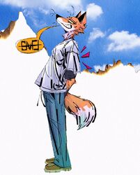  anthro biped bottomwear canid canine clothing denim denim_bottomwear denim_clothing footwear fox hi_res jeans male mammal pants shirt shoes solo speech_bubble t-shirt tail topwear xexeezy 