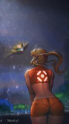  artist_name ass bare_shoulders blonde_hair commentary danderfull female from_behind highres long_hair metroid midriff orange_shorts orange_tank_top ponytail samus_aran shorts signature sleeveless solo space spacecraft star_(sky) tank_top 