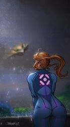  artist_name ass blonde_hair blue_bodysuit bodysuit commentary danderfull female from_behind highres long_hair metroid midriff ponytail samus_aran shorts signature skin_tight solo space spacecraft star_(sky) zero_suit 