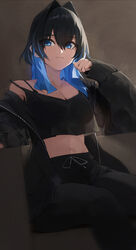  black_bra black_camisole black_hair black_jacket black_pants blue_eyes blue_hair bra bra_strap breasts brown_background camisole cleavage colored_inner_hair crop_top elbow_rest female hair_between_eyes hair_intakes highres hololive hololive_english jacket large_breasts long_hair long_sleeves looking_at_viewer loungewear midriff multicolored_hair navel open_clothes open_jacket ouro_kronii pants sitting solo underwear virtual_youtuber yidh_79 