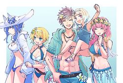  1boy 4girls :d abs alonemistrist bare_shoulders bikini blonde_hair blue_eyes blue_hair blue_jacket blue_shorts breasts brown_hair carrying cleavage closed_eyes fire_emblem fire_emblem_heroes fjorm_(fire_emblem) fjorm_(summer)_(fire_emblem) flower gunnthra_(fire_emblem) gunnthra_(summer)_(fire_emblem) hair_flower hair_ornament hat hat_flower hrid_(fire_emblem) hrid_(summer)_(fire_emblem) jacket jewelry long_hair long_sleeves multiple_girls navel necklace nifl_(fire_emblem) nifl_(summer)_(fire_emblem) official_alternate_costume one-piece_swimsuit open_clothes open_jacket open_mouth pink_hair purple_eyes sarong short_hair shorts siblings smile spoon sweatdrop swimsuit utensil_in_mouth white_hat white_jacket ylgr_(fire_emblem) ylgr_(summer)_(fire_emblem) 