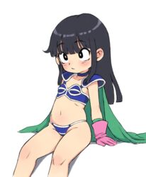  armor bikini bikini_armor black_eyes black_hair blue_bikini breasts cape chi-chi_(dragon_ball) choker dragon_ball dragon_ball_(classic) expressionless female gloves green_cape long_hair navel pink_gloves qtkat shoulder_armor sitting small_breasts solo stomach swimsuit thighs 