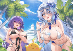  2girls alsace_(azur_lane) alsace_(heat_beating_summer_sacrament)_(azur_lane) azur_lane bare_shoulders between_breasts bikini bird blue_eyes blue_hair blue_sky blush breasts chick cleavage flower food hair_flower hair_ornament highres large_breasts long_hair looking_at_viewer manjuu_(azur_lane) mogador_(azur_lane) mogador_(locker_room_lechery)_(azur_lane) morung multiple_girls navel necktie official_alternate_costume open_mouth palm_tree popsicle purple_eyes purple_hair sky sunglasses swimsuit tree 