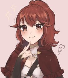  anna_(fire_emblem) blush breasts brown_eyes cape cleavage commentary female finger_to_own_chin fire_emblem fire_emblem_fates hand_up highres index_finger_raised looking_at_viewer pink_background ponytail purrlucii red_cape red_hair short_hair simple_background smile solo upper_body 