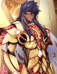  1boy arm_armor armor blue_hair blurry blurry_background breastplate closed_mouth dark_blue_hair dark_skin earrings fate/grand_order fate_(series) glowing_armor golden_wings gradient_hair jewelry long_hair looking_at_viewer male_focus multicolored_hair red_eyes romulus_quirinus_(fate) solo untue upper_body 