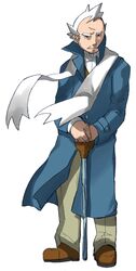  1boy absol_(dkqthf) blue_coat brown_footwear buttons cane closed_mouth coat commentary_request full_body green_pants holding holding_cane long_sleeves looking_at_viewer male_focus old old_man pants pokemon pokemon_hgss pryce_(pokemon) scarf shoes short_hair solo standing white_hair white_scarf 