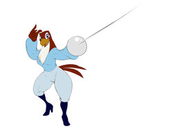  accipitrid accipitriform animalympics anthro athletic athletic_anthro athletic_female avian beak bird boots bottomwear brown_body clothed clothing contessa_(animalympics) falcon falconid feathers female fencing fencing_foil footwear high_heeled_boots high_heels leotard pose shoes simple_background solo thick_thighs weapon wide_hips winstar 