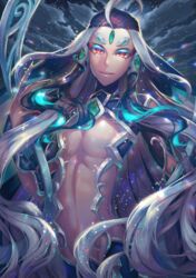  1other absurdres ahoge androgynous aqua_hair black_hair eyeshadow fate/grand_order fate_(series) forehead_jewel hand_up highres kozou_kazaru long_hair looking_at_viewer makeup midriff multicolored_hair red_eyes shi_huang_di_(fate) solo very_long_hair white_hair 