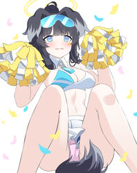  absurdres animal_ears black_hair blue_archive blush cheerleader commentary female greenapple hibiki_(blue_archive) hibiki_(cheer_squad)_(blue_archive) highres holding holding_pom_poms long_hair looking_at_viewer millennium_cheerleader_outfit_(blue_archive) official_alternate_costume open_mouth panties pantyshot pink_panties pleated_skirt pom_pom_(cheerleading) skirt solo tail underwear 