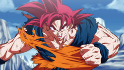  1boy battle_damage blue_sky blurry blurry_background dougi dragon_ball dragon_ball_super dragon_ball_super_broly glacier male_focus open_mouth red_eyes red_hair rom_(20) sky solo son_goku super_saiyan super_saiyan_god torn_clothes 