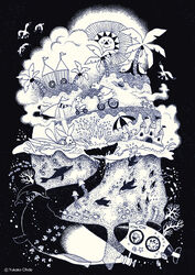  artist_name bear bicycle boat dolphin greyscale hedgehog highres millipen_(medium) monochrome original palm_tree polar_bear rabbit riding riding_bicycle sailboat sand_castle sand_sculpture sperm_whale submarine sun traditional_media tree umbrella watercraft whale yukako_ohde 