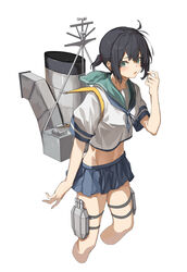  adapted_costume bad_id bad_twitter_id black_hair blue_skirt blush crop_top cropped_legs feet_out_of_frame female fubuki_(kancolle) green_eyes green_sailor_collar hair_between_eyes highres kantai_collection machinery midriff navel open_mouth oweee pleated_skirt rigging sailor_collar school_uniform serafuku short_hair short_ponytail short_sleeves simple_background skirt smokestack solo white_background 