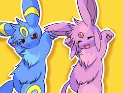  2008 4:3 ambiguous_gender animated caramelldansen dancing duo eeveelution espeon feral fur generation_2_pokemon head_jewel hybrid meme nintendo pawpads paws pink_body pink_fur pokemon pokemon_(species) short_playtime simple_background suppainu umbreon yellow_background 