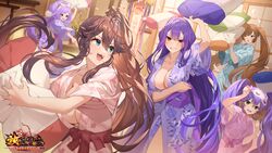  5girls absurdres anniversary bath_yukata blue_eyes breasts brown_hair character_request cleavage eye_mask green_eyes highres holding holding_pillow houchi_shoujo indoors japanese_clothes kimono large_breasts long_hair multiple_girls official_art open_mouth pillow pillow_fight ponytail purple_hair red_eyes sash smile teffish throwing twintails yukata 