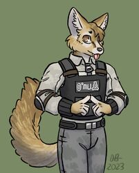  anthro belt canid canine clothed clothing donny_blevins elbow_pads fennec_fox fox fully_clothed fur hair liam_(donny_blevins) male mammal multicolored_body multicolored_fur portrait scp_foundation security_uniform simple_background solo tan_body tan_fur tongue tongue_out true_fox 