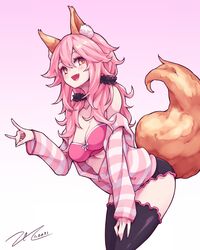  :d animal_ears black_scrunchie black_thighhighs breasts cleavage commentary_request dated fate/extella fate/extra fate/extra_ccc fate/grand_order fate_(series) female fox_ears fox_shadow_puppet fox_tail hair_between_eyes hair_ornament hair_scrunchie highres jacket long_sleeves looking_at_viewer medium_breasts oerba_yun_fang official_alternate_costume open_mouth pink_background pink_hair scarlet_zel scrunchie signature simple_background smile solo striped_clothes striped_jacket tail tamamo_(fate) tamamo_no_mae_(fate/extra) tamamo_no_mae_(spring_casual)_(fate) thighhighs yellow_eyes 