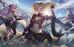  3girls absurdres animal_ears asymmetrical_legwear bare_shoulders black_gloves blonde_hair blue_eyes blue_hair blush braid breasts brown_eyes chinese_commentary cleavage commentary draph elbow_gloves erune ferry_(granblue_fantasy) gloves granblue_fantasy granblue_fantasy_versus hair_intakes hair_over_one_eye hairband highres horns large_breasts light_purple_hair long_hair looking_at_viewer looking_back multiple_girls narmaya_(granblue_fantasy) navel open_mouth outdoors pointy_ears purple_hair showgirl_skirt sideboob skirt smile thighhighs twintails very_long_hair wavy_hair weapon zero_yee zeta_(granblue_fantasy) 