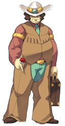  1boy absol_(dkqthf) belt briefcase brown_footwear brown_hair brown_shirt brown_vest clay_(pokemon) closed_mouth commentary_request cowboy_hat frown full_body green_necktie green_pants hat holding holding_briefcase holding_poke_ball long_sleeves male_focus necktie pants poke_ball poke_ball_(basic) pokemon pokemon_bw shirt shoes solo standing vest 