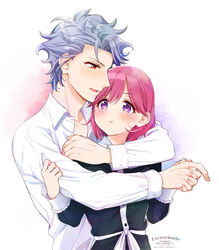  1boy arm_around_neck black_dress blush bob_cut collared_dress collared_shirt couple dated dress female grey_hair hair_between_eyes holding_hands hug hug_from_behind krudears long_sleeves open_mouth pink_hair protagonist_(tokimemo_gs3) purple_eyes red_eyes shirt shitara_seiji short_hair smile straight tokimeki_memorial tokimeki_memorial_girl&#039;s_side_3rd_story twitter_username upper_body white_shirt 