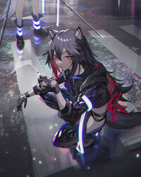  ambience_synesthesia animal_ears arknights black_hair black_jacket black_pants cigarette female gloves highres holding holding_cigarette jacket krin_(krinnin) lappland_(arknights) long_hair multicolored_hair official_alternate_costume orange_eyes pants red_hair smoking squatting tail texas_(arknights) two-tone_hair very_long_hair wolf_ears 