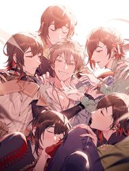  6+boys blush brown_eyes brown_hair eiden_(nu_carnival) grin highres looking_at_another looking_at_viewer male_focus male_harem multicolored_hair multiple_boys multiple_persona nu_carnival red_eyes red_hair smile smug yakumo_(nu_carnival) yala1453 yaoi 