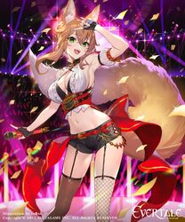  2022 absurdres animal_ears arm_at_side arm_up artist_name blonde_hair breasts cleavage company_name copyright_notice crop_top evertale female fishnets fox_ears fox_girl fox_tail garter_straps green_eyes hair_between_eyes highres holding holding_microphone idol idol_clothes large_breasts medium_hair microphone mysha navel official_art open_mouth shorts sidelocks smile solo stage stage_lights standing tail teffish thighhighs thighs 