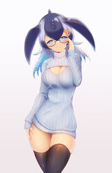  anchor_hair_ornament black-framed_eyewear black_thighhighs blowhole blue_eyes blue_hair blue_whale_(kemono_friends) blush breasts cetacean_tail cleavage cleavage_cutout closed_mouth clothing_cutout commentary female fins fish_tail glasses grey_hair hair_ornament hairclip highres japari_symbol kemono_friends large_breasts long_hair long_sleeves looking_at_viewer meme_attire multicolored_hair open-chest_sweater photoshop_(medium) ribbed_sweater simple_background smile solo standing sweater tail thighhighs turtleneck turtleneck_sweater white_background z.o.b zettai_ryouiki 