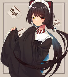  aflo animal_ears apron black_hair black_kimono brown_hair brown_kimono closed_mouth cup dog_ears dog_hair_ornament female frilled_apron frills furisode hair_ornament heterochromia highres inui_toko japanese_clothes kimono long_hair long_sleeves looking_at_viewer low_twintails maid maid_headdress mug mug_writing nijisanji obi pinching_sleeves red_eyes sash sleeves_past_fingers sleeves_past_wrists smile solo twintails upper_body very_long_hair virtual_youtuber wa_maid wide_sleeves yellow_eyes 