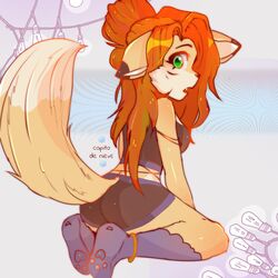  1:1 anthro ass breasts canid canine clothed clothing coopito elisabeth_(eipril) female fox fur hair hi_res leg_markings looking_back mammal markings socks_(marking) solo 