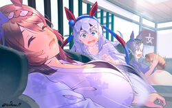  3girls animal_ears big_belly blue_eyes blue_hairband blush braid breast_envy breasts brown_hair burger cleavage closed_eyes commentary_request drooling ear_covers food full_stomach grey_hair hair_between_eyes hairband highres horse_ears horse_girl japanese_clothes kimono large_breasts long_hair massage_chair multiple_girls oguri_cap_(umamusume) open_mouth purple_kimono reihou19 sleeping super_creek_(umamusume) tamamo_cross_(umamusume) twitter_username umamusume upper_body 