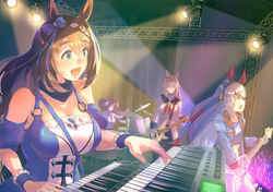  4girls animal_ears band bass_guitar blue_bow blue_dress blue_eyes blue_hairband blue_jacket blue_skirt blue_sleeves blush bow braid breasts brown_hair cleavage closed_mouth commentary_request detached_sleeves dress drum drum_set ear_covers electric_guitar fox_mask gibson_flying_v grey_hair guitar hair_between_eyes hairband hairbow highres holding holding_instrument horse_ears horse_girl inari_one_(umamusume) instrument jacket keyboard_(instrument) large_breasts lightning_bolt_symbol long_hair mask mask_on_head midriff multiple_girls music navel oguri_cap_(umamusume) open_mouth playing_instrument puffy_short_sleeves puffy_sleeves reihou19 school_uniform serafuku shirt short_sleeves singing skirt smile stage stage_lights super_creek_(umamusume) tamamo_cross_(umamusume) twintails twitter_username umamusume upper_body very_long_hair white_hair white_jacket white_shirt 