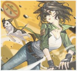  animal_ears arknights black_gloves black_hair blue_pants breasts canine cleavage denim dog_ears dog_girl dog_tail eyewear_on_head female fingerless_gloves gloves green_jacket hair_between_eyes highres jacket jackie_(arknights) jackie_(take_a_leap)_(arknights) jeans lanzi_(415460661) official_alternate_costume open_mouth pants road_sign shirt short_hair sign small_breasts sunglasses tail teeth upper_teeth_only white_shirt yellow_eyes 