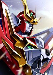  absurdres great_exkaiser highres light_particles looking_up mecha no_humans noguchi_misato portrait robot science_fiction shiny solo super_robot twitter_username v-fin yuusha_exkaiser yuusha_series 