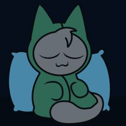  1:1 :3 black_background cloak closed_eyes clothing colored colored-in domestic_cat felid feline felis gooblie_2 green_cloak green_clothing grey_body grey_tail happy isaac_(gooblie_ii) male mammal pillow simple_background sleeping solo tail 