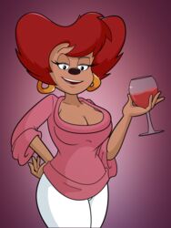  3:4 alcohol anthro beverage big_breasts breasts canid canine cleavage clothed clothing container cup disney drinking_glass ear_piercing ear_ring female glass glass_container glass_cup goof_troop hand_on_hip hi_res looking_at_viewer mammal mature_female nasiri_(artist) peg_pete piercing ring_piercing solo sweater topwear wide_hips wine wine_glass 