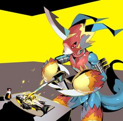  anthro armor bandai_namco belt blade_fingers blowtorch blue_body clothing cooking digimon digimon_(species) fire fish flamedramon food gauntlets gloves handwear headgear helmet hi_res horn male marine meat red_eyes seasoning skink_hisshiss solo straps 