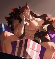  1boy abs alternate_hairstyle animal_ear_request animal_ears bara bare_pectorals box come_hither feather_boa gift gift_art gift_box grin hair_over_one_eye head_tilt highres large_pectorals league_of_legends looking_at_viewer male_focus muscular muscular_male navel nipples orange_eyes pectorals red_hair seductive_smile sett_(league_of_legends) short_hair smile solo spread_legs stomach thighs xiaolumiaoliya 