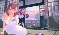  4girls animal_ears bag barefoot black_camisole black_shorts blue_bow blue_eyes blue_pants blue_sky blush bow braid breasts brown_coat brown_hair camisole cleavage cloud coat commentary_request dress ear_covers food full_body hair_between_eyes hairband hairbow highres holding holding_bag holding_spoon horse_ears horse_girl horse_tail hose inari_one_(umamusume) incoming_food indoors large_breasts long_hair looking_at_viewer multiple_girls off-shoulder_dress off_shoulder oguri_cap_(umamusume) open_mouth pants raglan_sleeves reihou19 shaved_ice shirt shorts signature sky smile spoon sunset super_creek_(umamusume) tail tamamo_cross_(umamusume) tatami tree twintails twitter_username umamusume water white_dress white_shirt 