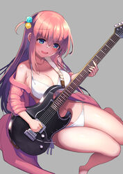  blue_eyes blush bocchi_the_rock! bra breasts collarbone cube_hair_ornament electric_guitar female gotoh_hitori grey_background guitar hair_between_eyes hair_ornament highres holding holding_instrument instrument jacket large_breasts long_hair navel open_clothes open_jacket open_mouth panties pink_hair pink_jacket simple_background solo underwear white_bra white_panties yamaha_pacifica yuutopia 