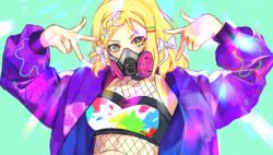  absurdres alternate_costume aqua_background bad_id bad_pixiv_id blonde_hair bow braid braided_bangs breasts female fishnet_top fishnets gang_sign green_eyes hairbow highres jacket long_hair looking_at_viewer love_live! love_live!_sunshine!! mask medium_breasts ohara_mari pink_nails polka_dot polka_dot_bow proton06 purple_jacket respirator ribbon_braid solo upper_body v-shaped_eyebrows white_bow 