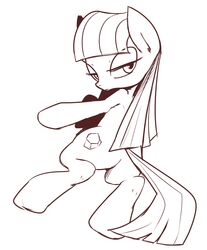  2014 ass cutie_mark earth_pony equid equine female feral friendship_is_magic hair half-closed_eyes hasbro hi_res horse long_hair looking_aside looking_back mammal marenlicious maud_pie_(mlp) monochrome my_little_pony narrowed_eyes pony simple_background solo white_background 