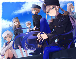  3boys 3girls absurdres apron baker_nemo_(fate) beret black_headwear blue_eyes blue_hair blue_legwear braid captain_nemo_(fate) cloud cloudy_sky engineer_nemo_(fate) fate/grand_order fate_(series) fingers_together glasses hat hatuki_82 highres long_hair long_sleeves looking_at_viewer looking_to_the_side marine_nemo_(fate) military military_uniform multiple_boys multiple_girls naval_uniform nemo_(fate) nurse_cap nurse_nemo_(fate) outdoors platinum_blonde_hair professor_nemo_(fate) short_hair shorts single_braid skirt sky turban uniform white_headwear 